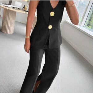 Commense button split sleeveless pants set